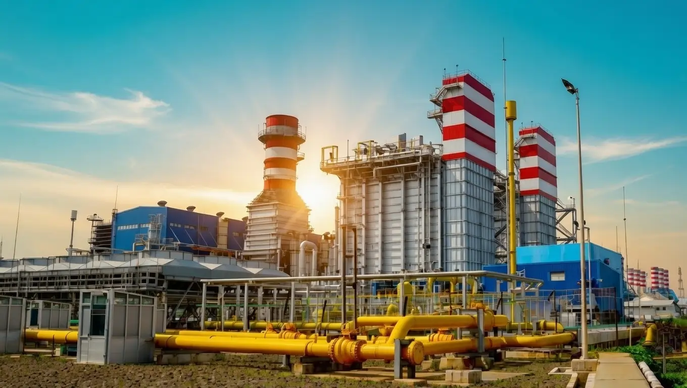Gas power plant with yellow pipelines and red-white chimneys at sunset