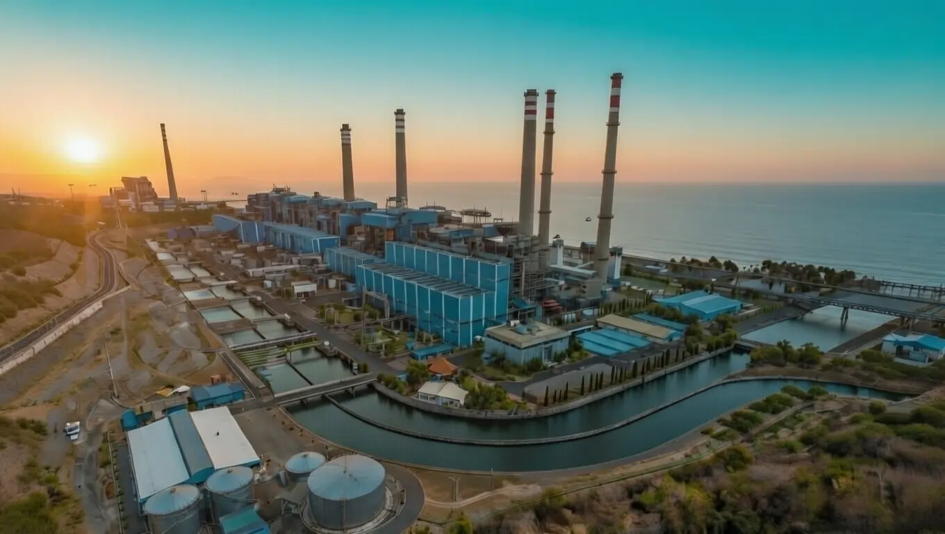 Aerial view of coastal power plant with multiple stacks at sunset