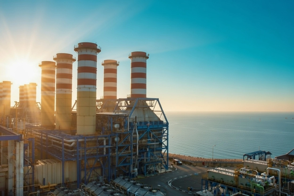 Thermal power plant by the sea at sunrise